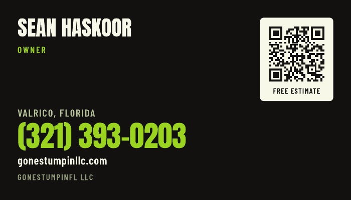 Option A business card back: Sean Haskoor, Owner, Valrico Florida, phone number in large lime type, website, and a QR code