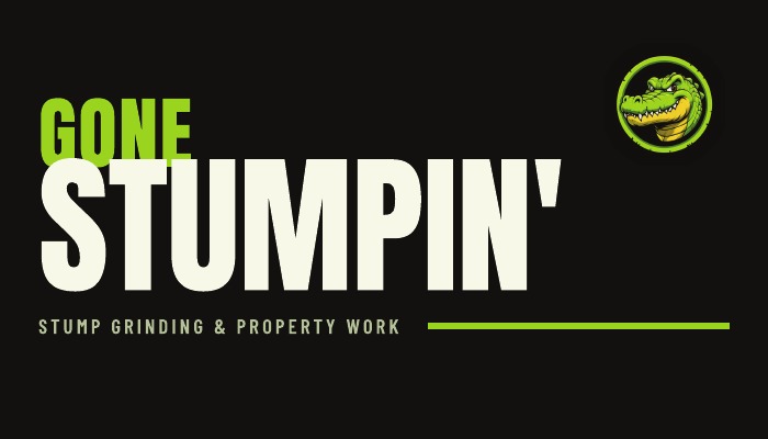 Option A business card front: large GONE STUMPIN wordmark in lime and white on black, with a small gator badge in the top corner