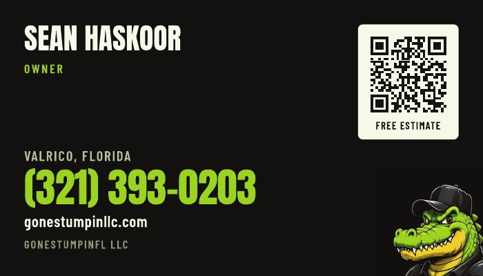 Option B business card back: Sean Haskoor, Owner, phone number in large lime type, website, QR code, and the gator's head cropped into the bottom corner