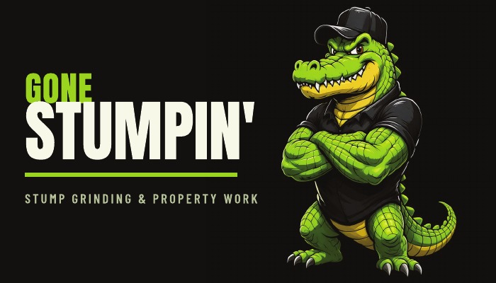 Option B business card front: the Gone Stumpin gator standing at the right side, with the wordmark and service line in a column at the left
