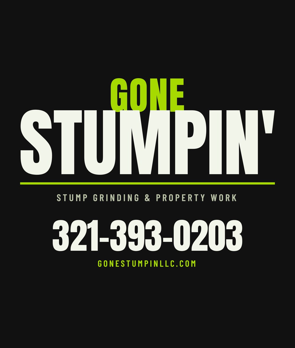 Option A shirt back: stacked GONE STUMPIN wordmark, a lime rule, the service line, phone number and website, all in type on a black shirt