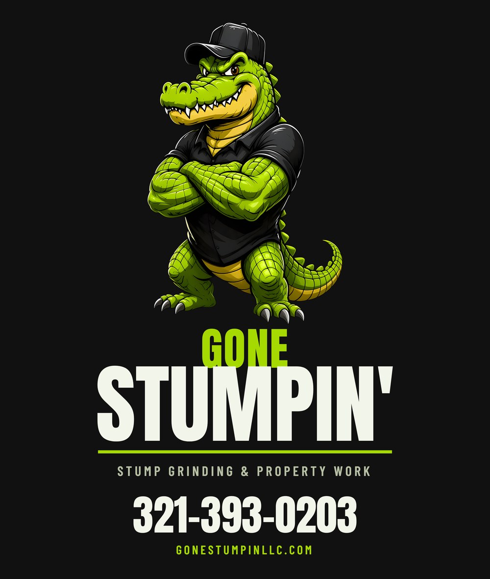 Option B shirt back: the Gone Stumpin gator above the stacked wordmark, lime rule, service line, phone number and website, on a black shirt